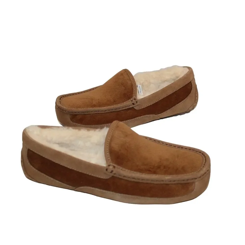 NIB UGG MEN'S ASCOT CORDUROY SUEDE SHEARLING LINED SLIPPERS CHESTNUT‎